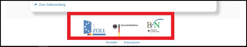 Screenshot der Logobilder des Zolls, der Genralzolldirektion und dem Bundesamt für Naturschutz im unteren Navigationsmenü (in dieser Reihenfolge)